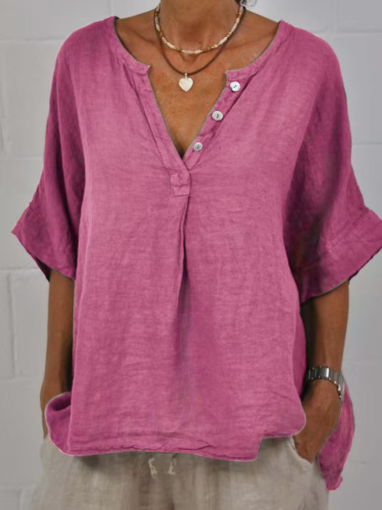Women's Cotton-Linen V-Neck Button-Up Shirt | Relaxed Fit Casual Top