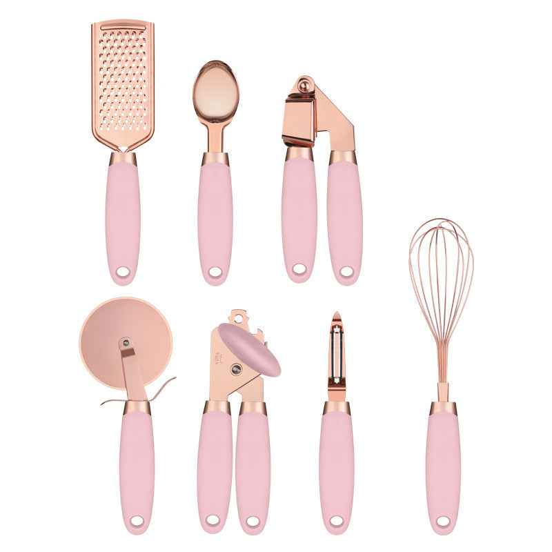 7-Piece Stainless Steel Kitchen Tool Set – Rose Gold Finish Cooking Utensils with Rack