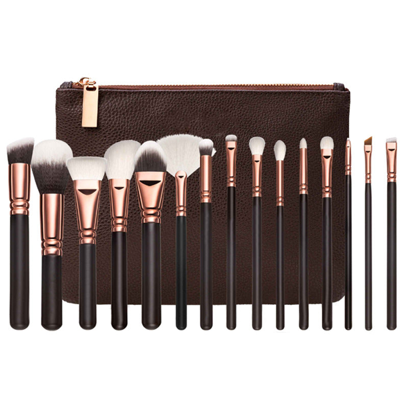 15-Piece Makeup Brush Set with Bag – Synthetic Hair & Wooden Handle