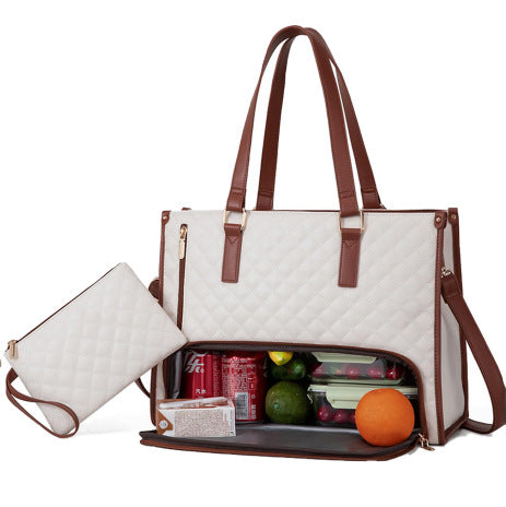 Women's Quilted Tote Bag | Insulated Lunch Compartment & Wallet
