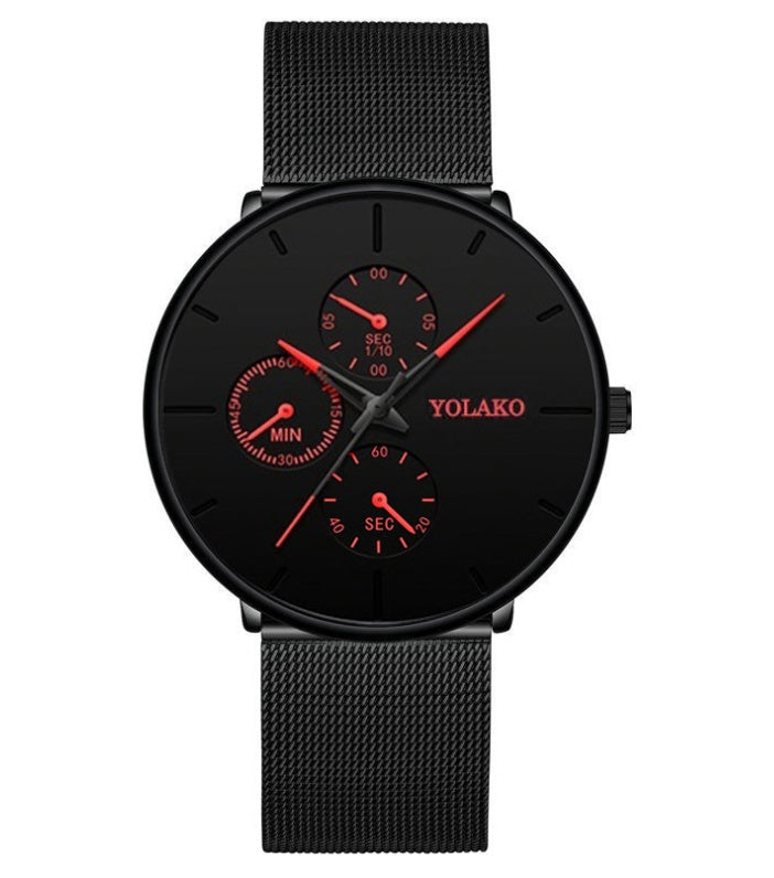Men's Stainless Steel Watch – 40mm Black Dial, Orange Blue Red