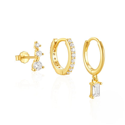 Square Zircon Stud Earring Set | 3-Piece Minimalist Copper Earrings