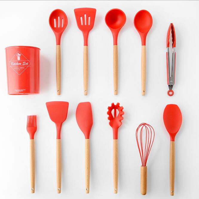Silicone Kitchen Utensils with Wooden Handle