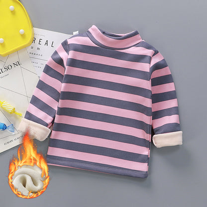 Children's Stripe Velvet-Lined Thermal Base Layer Top | High Collar Boys & Girls