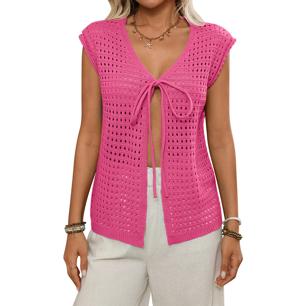 Women's Hollow-Out Short-Sleeve Knitted Cardigan | Lightweight Acrylic Sweater Top