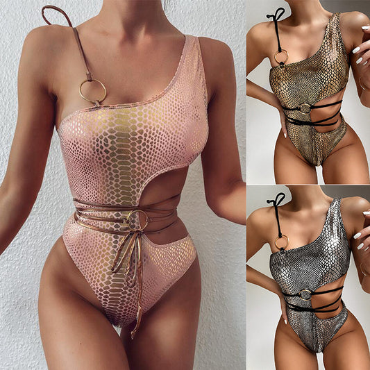 Women's One-Shoulder Snake Print Swimsuit | Padded One-Piece