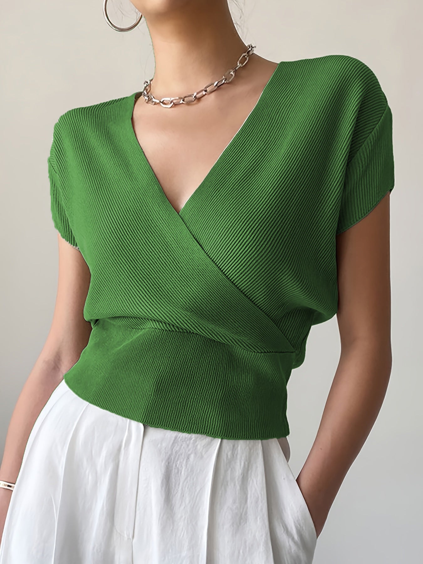 Women's V-Neck Knitted Top | Short-Sleeve High-Waisted Loose Fit Viscose Tee