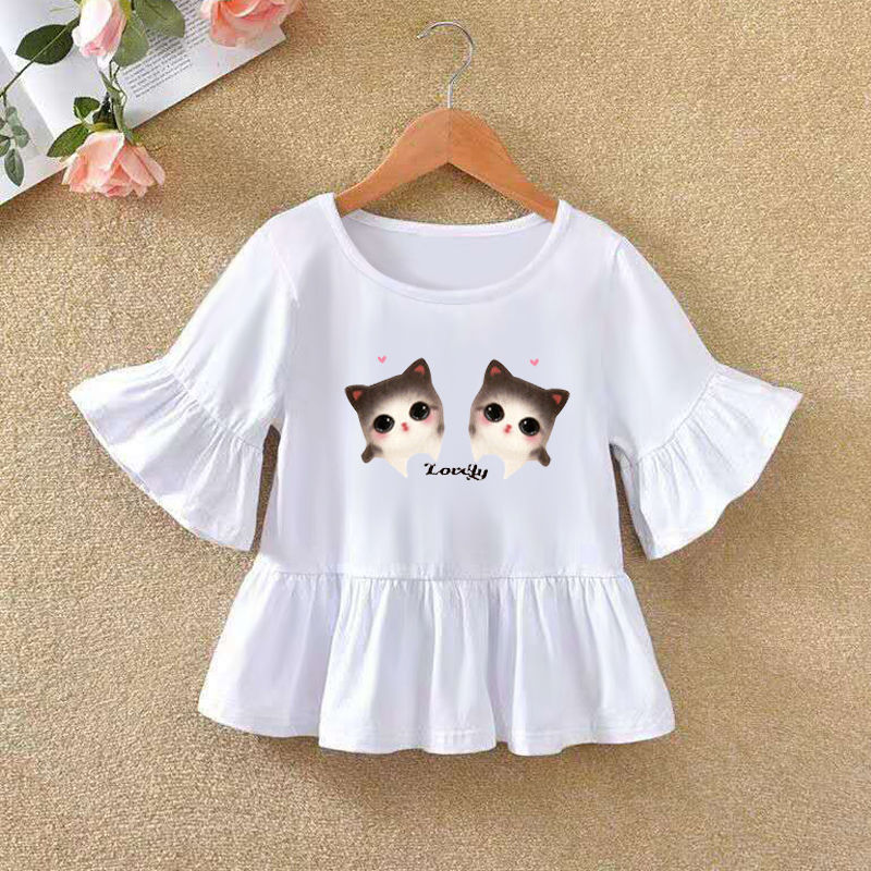 Girls Ruffle Sleeve Cartoon Print T-Shirt – Bow & Lotus Leaf Detail