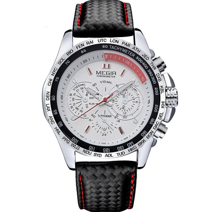 Men's Leather Strap Quartz Watch | 43mm, 3 ATM Water Resistant