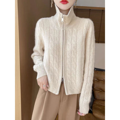 Women's Twist-Open Cardigan with Double Zip and Lapel Collar