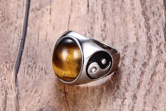 Men's Stainless Steel Tiger Eye & Yin Yang Ring – Vintage Oval Brown Stone Band