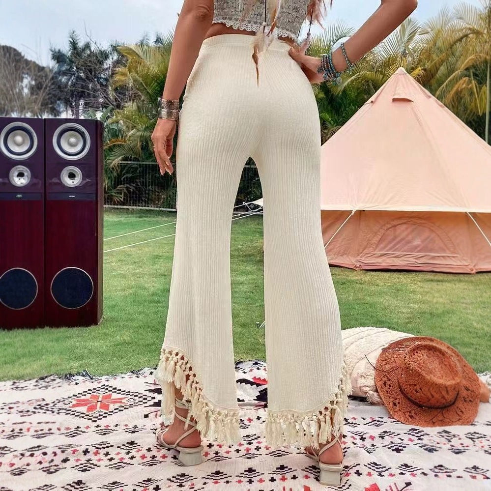 Women's High Waist Tassel Trim Trousers - Resort Style