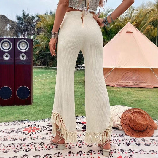 Women's High Waist Tassel Trim Trousers - Resort Style