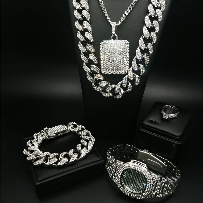 Men's Cuban Chain Necklace Set with Pendant