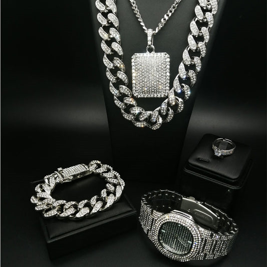 Men's Cuban Chain Necklace Set with Pendant