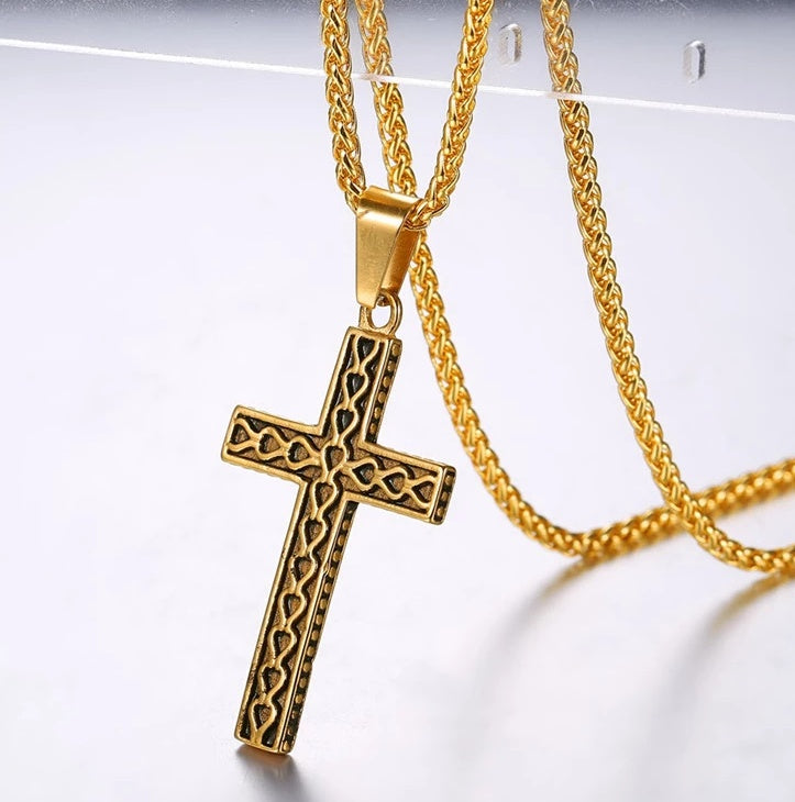 Men's 316L Stainless Steel Vintage Cross Necklace – Gold Plated Christian Pendant