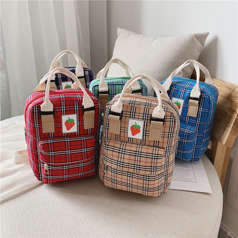 Kids' Checked Canvas Mini Backpack – Waterproof Multi-Pocket School Bag