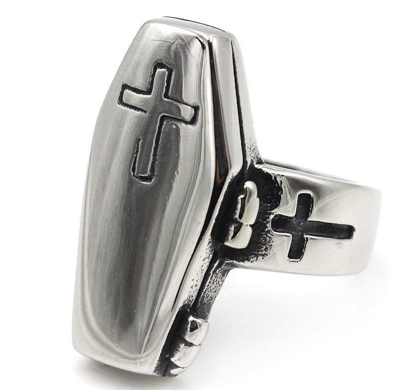 Men's 316L Titanium Steel Coffin Ring – Gothic Statement Band in Silver