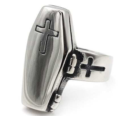 Men's 316L Titanium Steel Coffin Ring – Gothic Statement Band in Silver