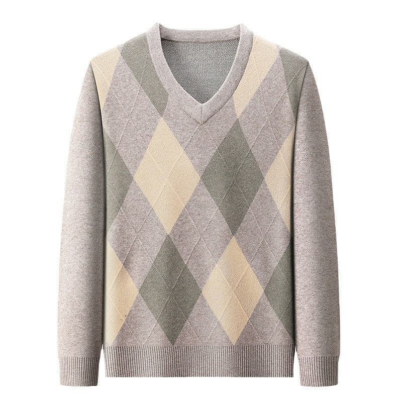 Men's Jacquard Knit V-Neck Sweater – Slim Fit Wool Pullover | 3 Colours | Sizes M–4XL