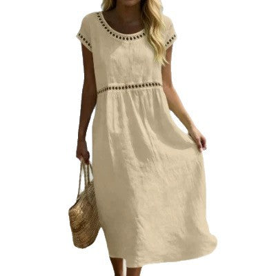 Women's Cotton-Linen A-Line Dress with Embroidered Lace Trim