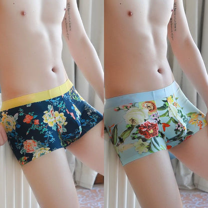 Men's Ice Silk Seamless Boxer Briefs Floral Print 2-Pack