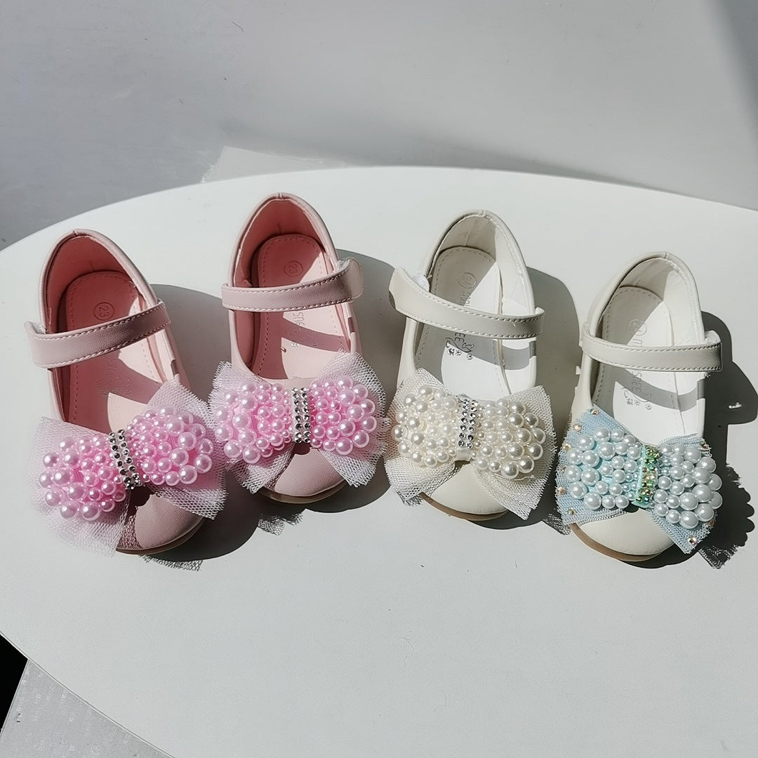 Girls' Pearl Bow Dress Shoes – PU Leather Velcro Flats