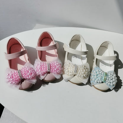 Girls' Pearl Bow Dress Shoes – PU Leather Velcro Flats