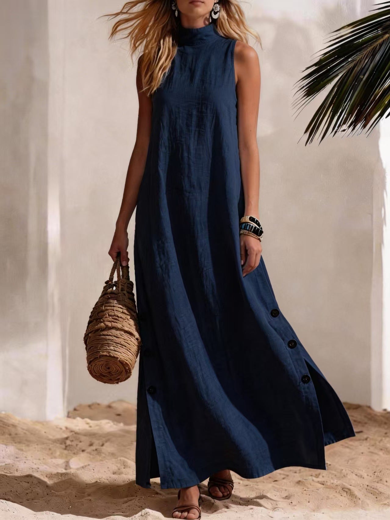 Women's Sleeveless Cotton Linen Midi Dress with Side Slits