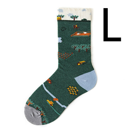 Men's Jacquard Cotton Retro Socks – Novelty Patterned One-Size Socks 19 Designs