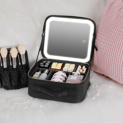 LED Cosmetic Case with Lighted Mirror — Large Capacity PU Leather Makeup Bag, 12" & 16"