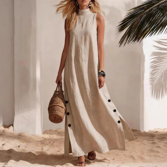 Women's Sleeveless Cotton Linen Midi Dress with Side Slits