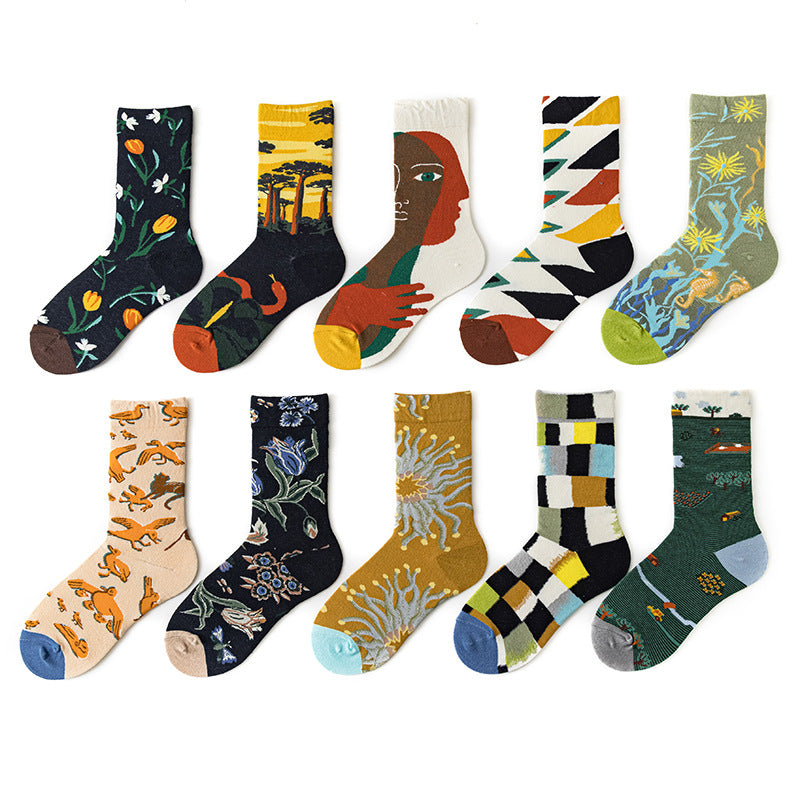 Men's Jacquard Cotton Retro Socks – Novelty Patterned One-Size Socks 19 Designs