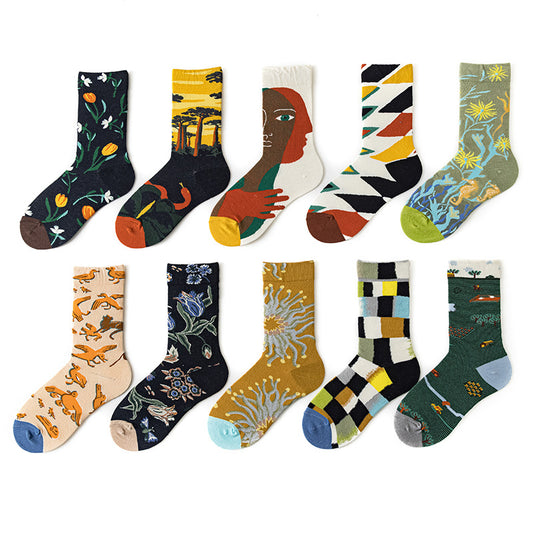 Men's Jacquard Cotton Retro Socks – Novelty Patterned One-Size Socks 19 Designs