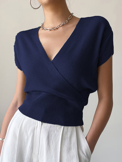 Women's V-Neck Knitted Top | Short-Sleeve High-Waisted Loose Fit Viscose Tee