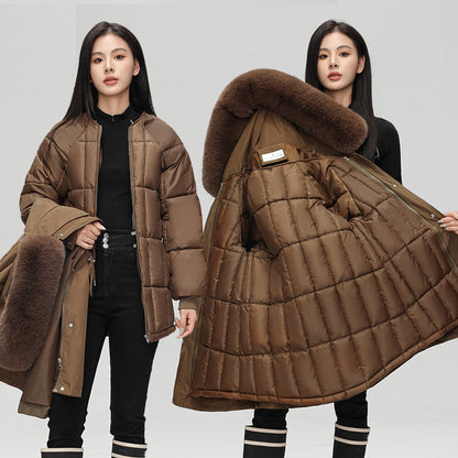 Women's Mid-Length Padded Coat with Fur Collar - 5 Colours