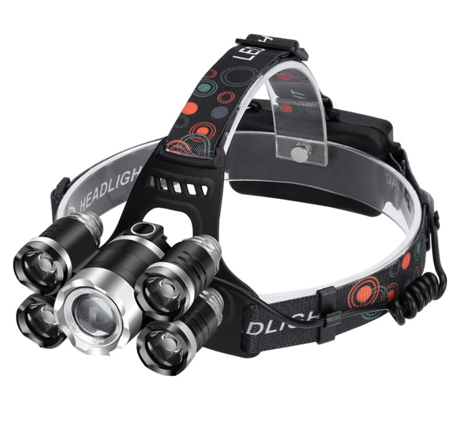 30W 2,200lm 5-Head LED Headlamp & Torch – IPX45 Waterproof Camping Search Light Gold Silver Red