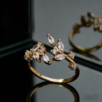 Floral Zircon Adjustable Ring | Gold Copper Gemstone Ring for Women