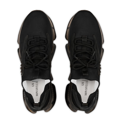 Black sneakers with visible brand name on a white background
