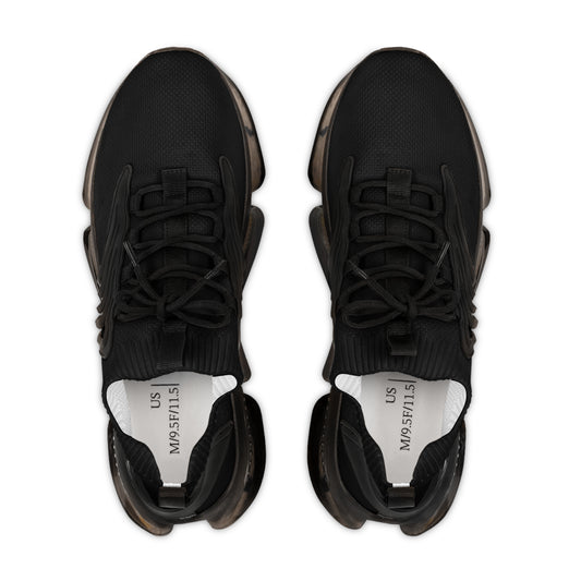 Black sneakers with visible brand name on a white background