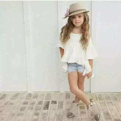 Girls Slub Cotton Short Sleeve Top with Skirt Hem – White