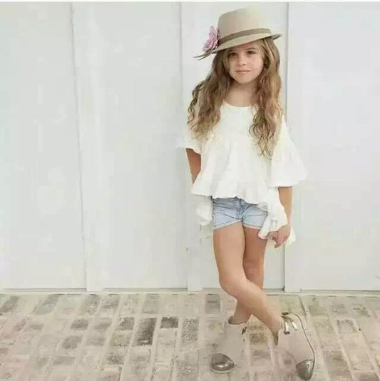 Girls Slub Cotton Short Sleeve Top with Skirt Hem – White