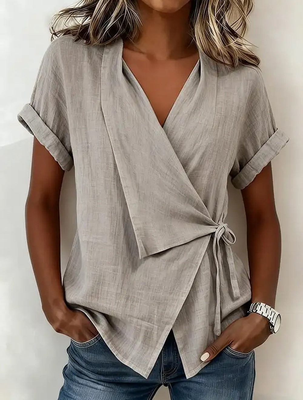 Women's Cotton-Linen Lapel Lace-Up Short-Sleeve Top