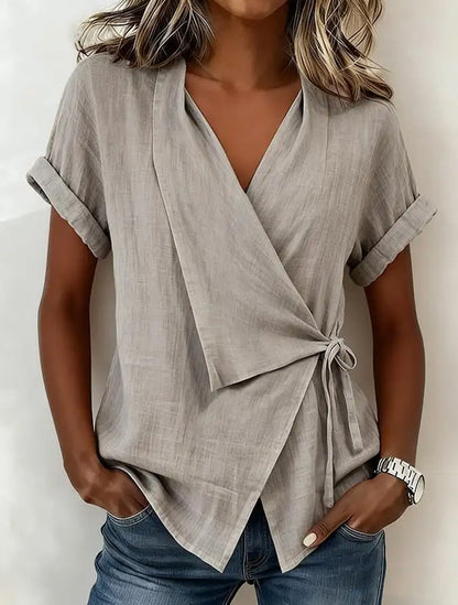 Women's Cotton-Linen Lapel Lace-Up Short-Sleeve Top
