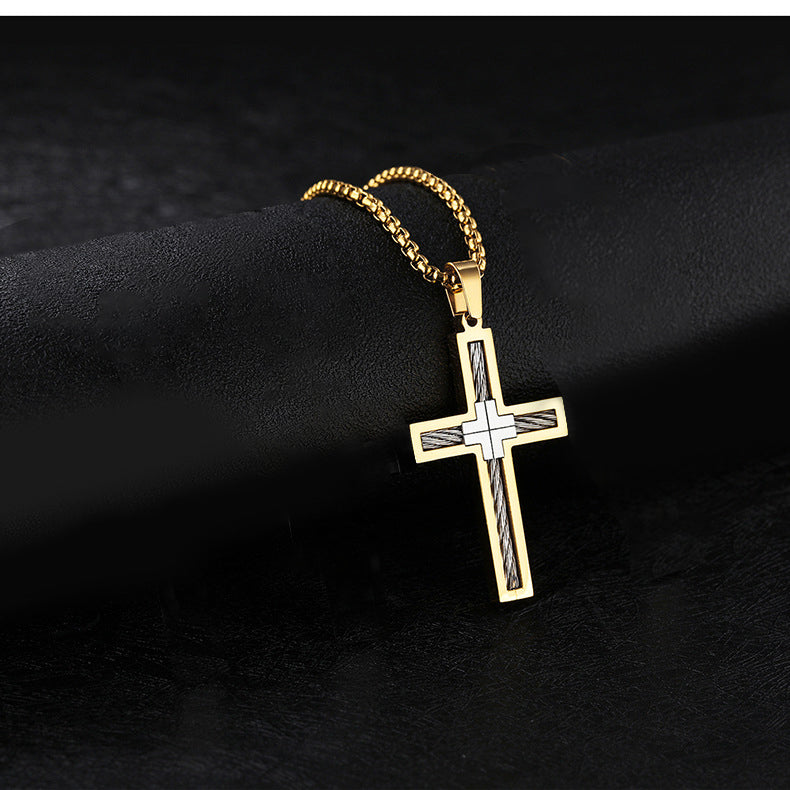 Men's Titanium Steel Cross Necklace with Chain | Black, Gold & Silver