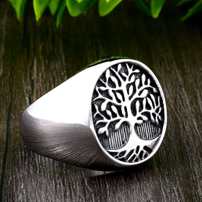 Men's Stainless Steel Tree of Life Ring – Retro Leaf Nature Band