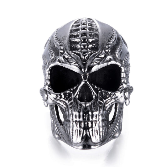 Men's Stainless Steel Skull Punk Ring – Wide Hip Hop Statement Band Silver, Black & Gold