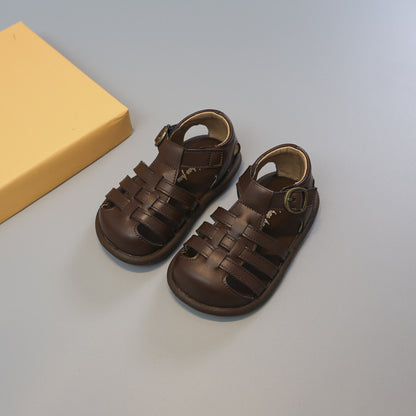 Girls' Woven Roman Shoes – PU Leather Velcro Toddler Flats