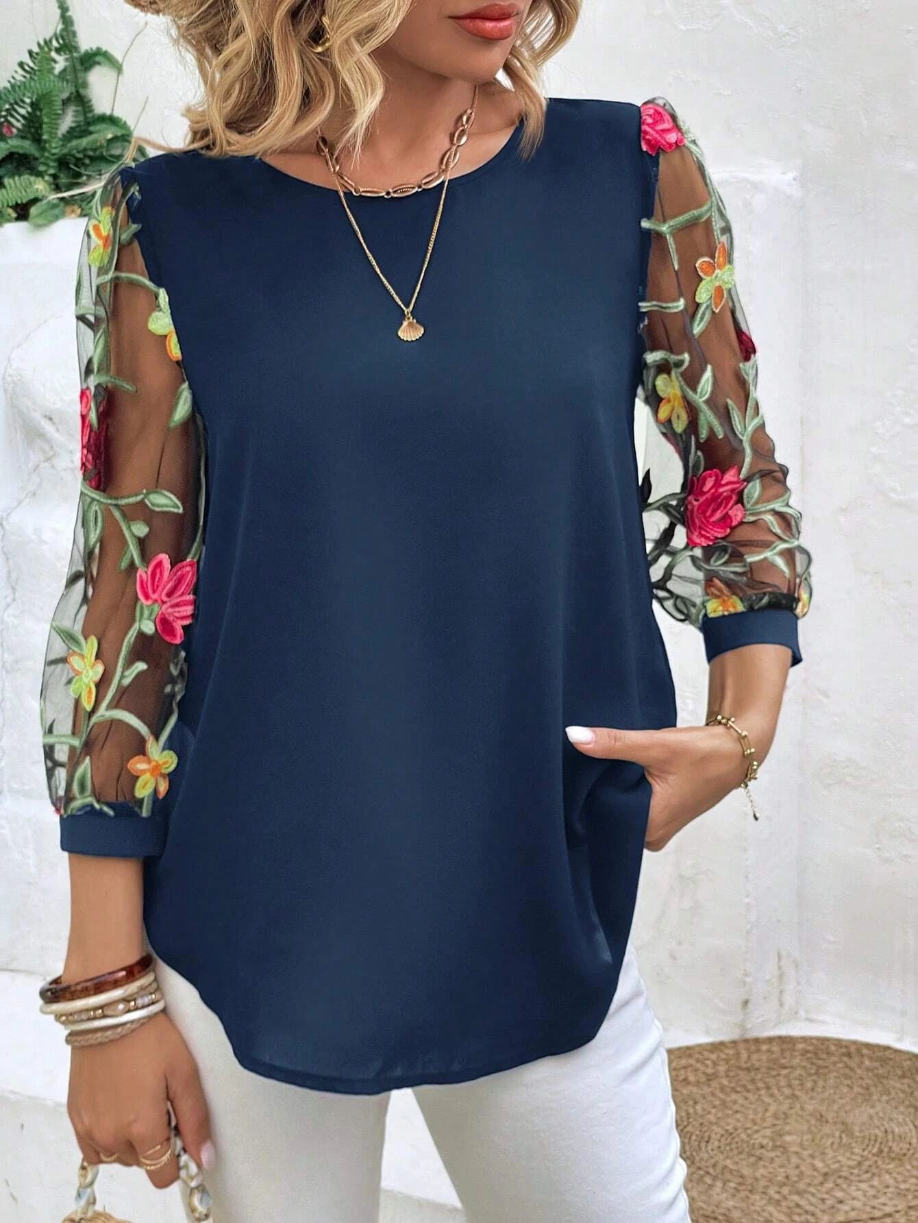 Women's Mesh Patchwork Three-Quarter Sleeve Top | Casual Commuter Polyester Shirt
