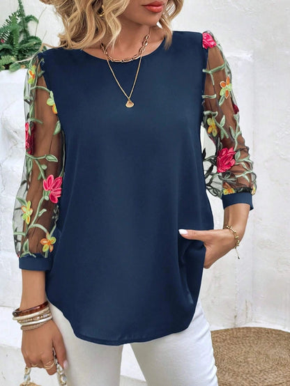Women's Mesh Patchwork Three-Quarter Sleeve Top | Casual Commuter Polyester Shirt